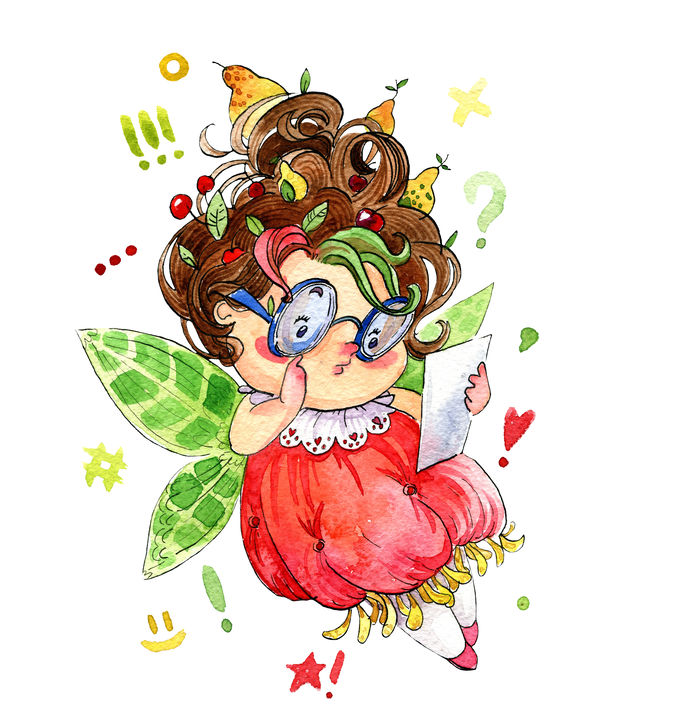 Little interested cartoon-style fairy looking at a piece of paper. Watercolor illustration, handmade.